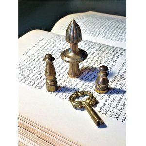 Trio of Antique Brass Finials + Lamp Key
